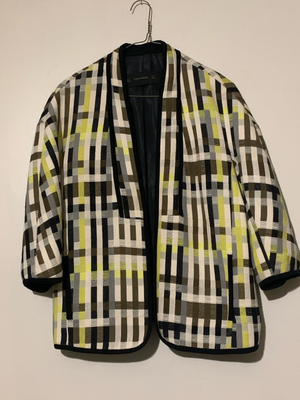 Zara Open-Front Plaid Blazer in Yellow, Brown & Black